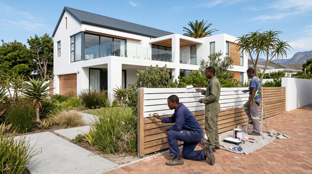 Professional fence painters painting a wooden fence at a Helderberg home in Vredehoek
